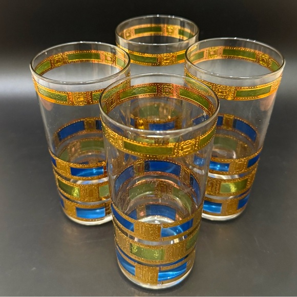 Set of 4 Vintage MCM MidMod CULVER Empress Blue Green 22K Gold Highball Glasses - Picture 7 of 16